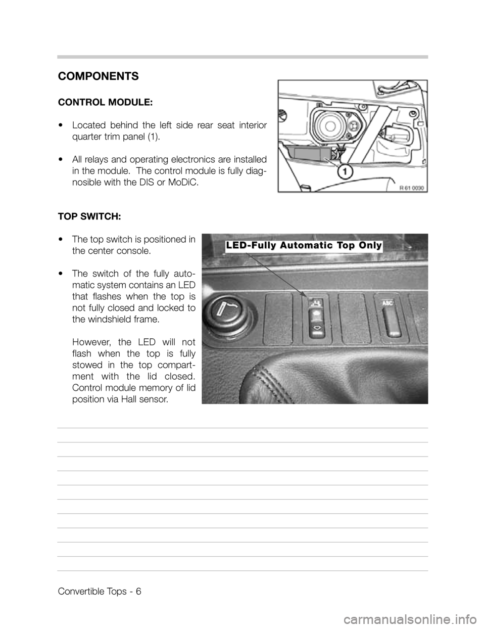BMW Z3 CONVERTIBLE 1995 E36 Convertible Tops Manual COMPONENTS
CONTROL MODULE:
•Located behind the left side rear seat interior
quarter trim panel (1).
•All relays and operating electronics are installed
in the module. The control module is BMW Z3 CONVERTIBLE 1995 E36 Convertible Tops Manual COMPONENTS
CONTROL MODULE:
•Located behind the left side rear seat interior
quarter trim panel (1).
•All relays and operating electronics are installed
in the module. The control module is
