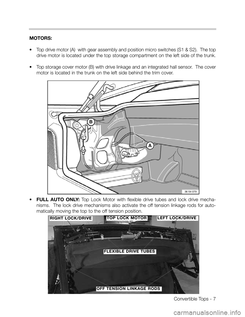 BMW Z3 CONVERTIBLE 1995 E36 Convertible Tops Manual Convertible Tops - 7
MOTORS:
•Top drive motor (A) with gear assembly and position micro switches (S1 & S2). The top
drive motor is located under the top storage compartment on the left side of the BMW Z3 CONVERTIBLE 1995 E36 Convertible Tops Manual Convertible Tops - 7
MOTORS:
•Top drive motor (A) with gear assembly and position micro switches (S1 & S2). The top
drive motor is located under the top storage compartment on the left side of the