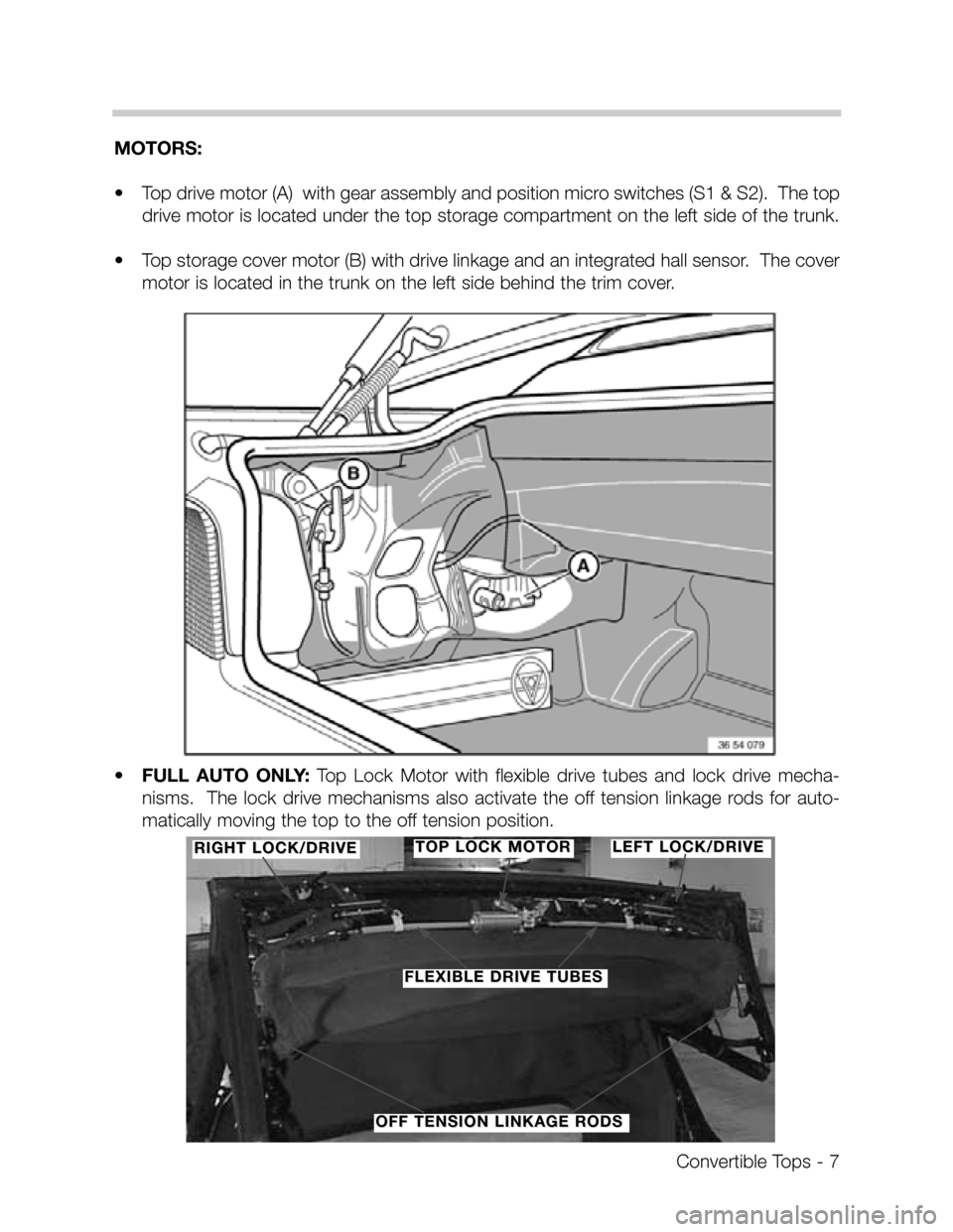 BMW Z3 CONVERTIBLE 1999 E36 Convertible Tops Manual Convertible Tops - 7
MOTORS:
•Top drive motor (A)  with gear assembly and position micro switches (S1 & S2).  The top
drive motor is located under the top storage compartment on the left side of the