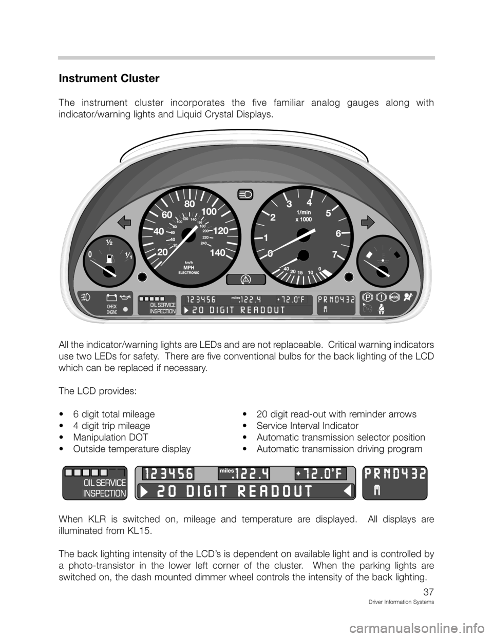 BMW Z3 ROADSTER 1999 E36 Driver Information Systems Manual 
		
 	
 
	   ;2 ;

 
 	 
 :
!":
!1D	!


-

!":
1