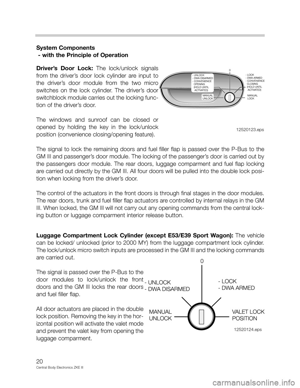 BMW 750IL 2001 E38 Central Body Electronics ZKE Manual System Components 
- with the Principle of Operation
Driver’s  Door  Lock: The  lock/unlock  signals
from  the  driver’s  door  lock  cylinder  are  input  to
the  driver’s  door  module  from  