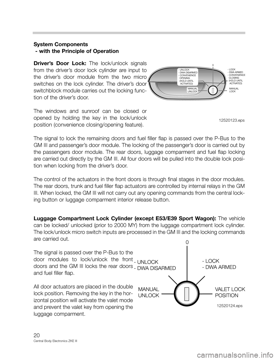 BMW 540I 2002 E39 Central Body Electronics ZKE Manual System Components
- with the Principle of Operation
Driver’s Door Lock: The lock/unlock signals
from the driver’s door lock cylinder are input to
the driver’s door module from BMW 540I 2002 E39 Central Body Electronics ZKE Manual System Components
- with the Principle of Operation
Driver’s Door Lock: The lock/unlock signals
from the driver’s door lock cylinder are input to
the driver’s door module from