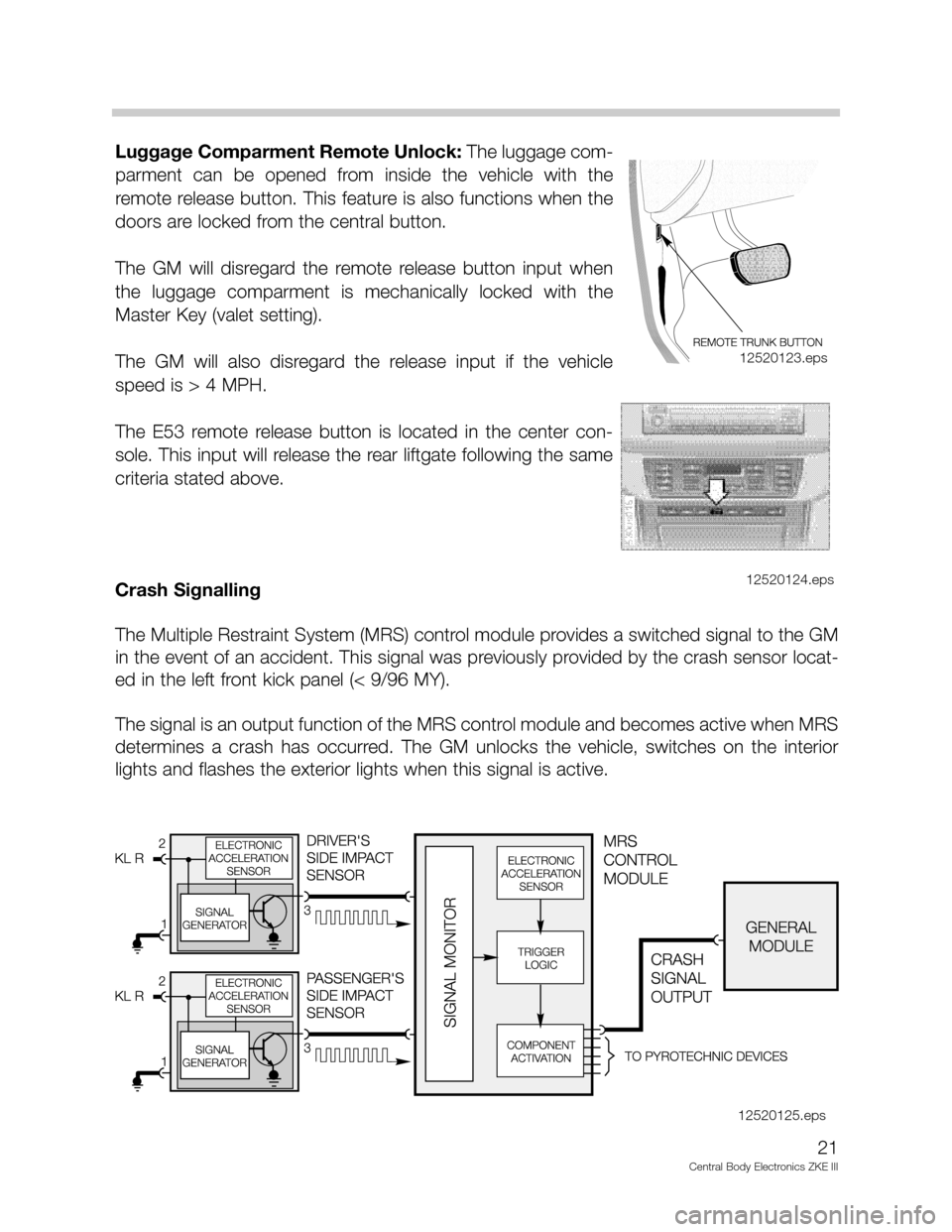 BMW 540I 2002 E39 Central Body Electronics ZKE Manual Luggage Comparment Remote Unlock: The luggage com-
parment can be opened from inside the vehicle with the
remote release button. This feature is also functions when the
doors are locked from BMW 540I 2002 E39 Central Body Electronics ZKE Manual Luggage Comparment Remote Unlock: The luggage com-
parment can be opened from inside the vehicle with the
remote release button. This feature is also functions when the
doors are locked from