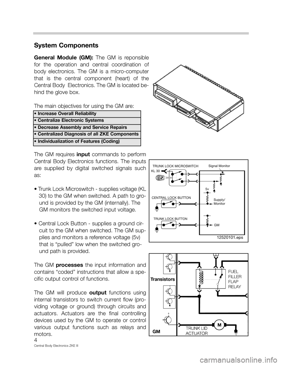 BMW 525I 2000 E39 Central Body Electronics ZKE Manual 4
Central Body Electronics ZKE III
System Components
General  Module  (GM): The  GM  is  reponsible
for  the  operation  and  central  coordination  of
body  electronics.  The  GM  is  a  micro-comput