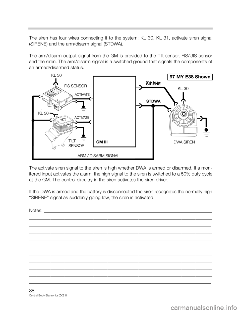 BMW 530I 2001 E39 Central Body Electronics ZKE Manual The  siren  has  four  wires  connecting  it  to  the  system;  KL  30,  KL  31,  activate  siren  signal
(SIRENE) and the arm/disarm signal (STDWA).
The  arm/disarm  output  signal  from  the  GM  is