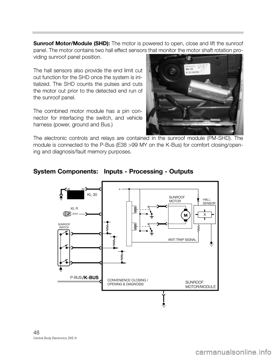 BMW 540I 2002 E39 Central Body Electronics ZKE Manual Sunroof Motor/Module (SHD): The motor is powered to open, close and lift the sunroof
panel. The motor contains two hall effect sensors that monitor the motor shaft rotation pro-
viding sunroof panel p BMW 540I 2002 E39 Central Body Electronics ZKE Manual Sunroof Motor/Module (SHD): The motor is powered to open, close and lift the sunroof
panel. The motor contains two hall effect sensors that monitor the motor shaft rotation pro-
viding sunroof panel p