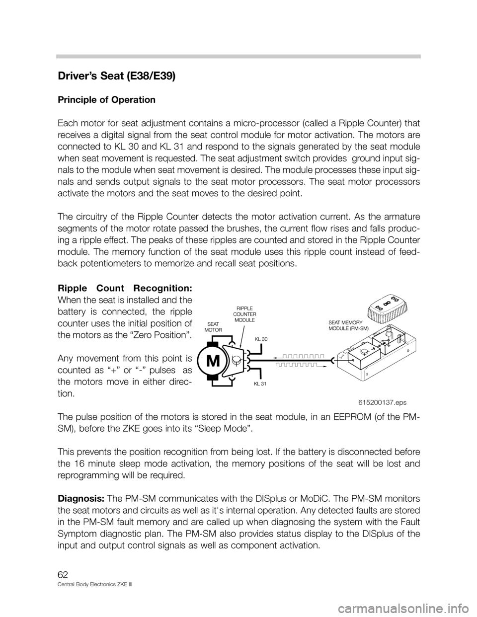 BMW 750IL 1994 E38 Central Body Electronics ZKE Manual Driver’s Seat (E38/E39)
Principle of Operation
Each motor for seat adjustment contains a micro-processor (called a Ripple Counter) that
receives a digital signal from the seat control module for mot