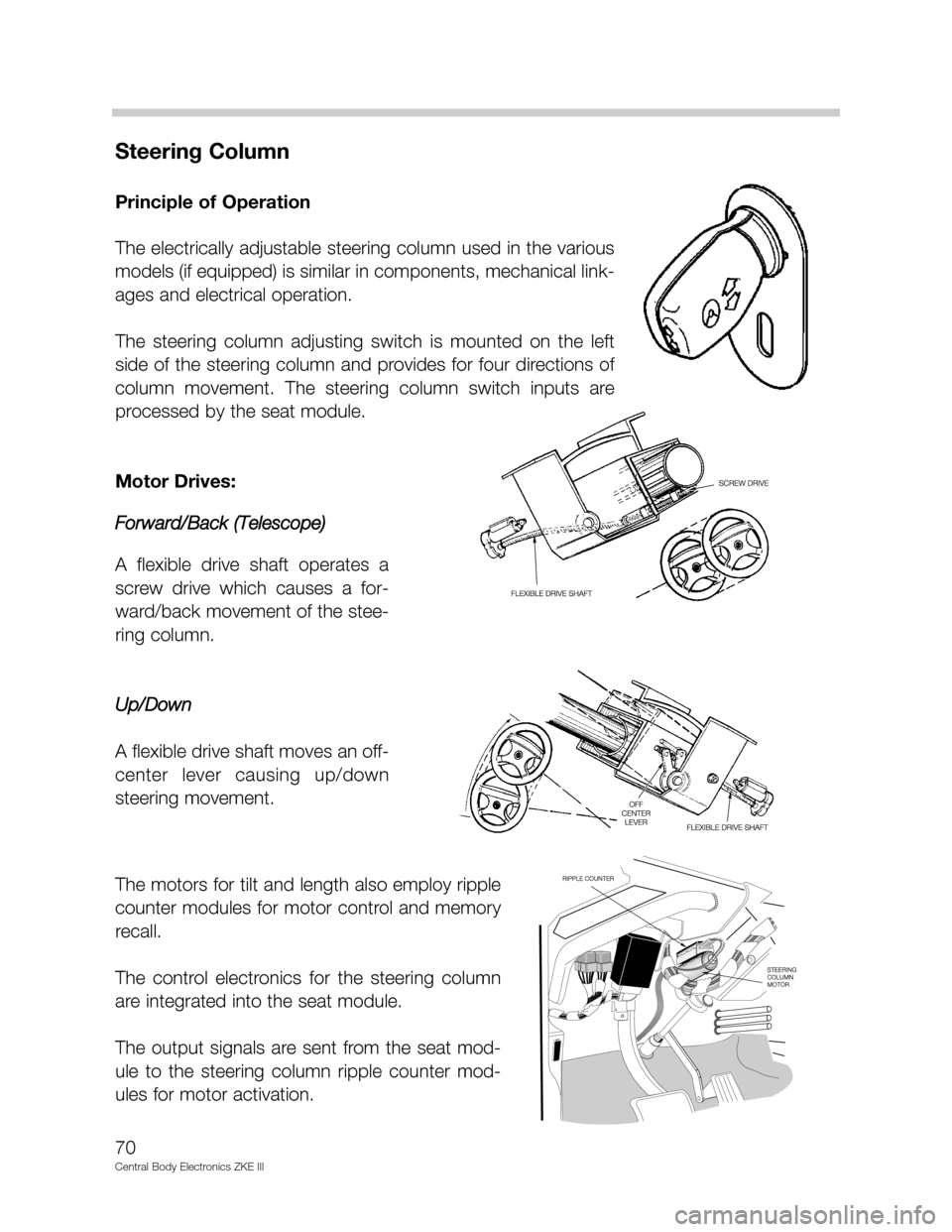 BMW 528I 2002 E39 Central Body Electronics ZKE Manual Steering Column
Principle of Operation
The electrically adjustable steering column used in the various
models (if equipped) is similar in components, mechanical link-
ages and electrical operation.
T BMW 528I 2002 E39 Central Body Electronics ZKE Manual Steering Column
Principle of Operation
The electrically adjustable steering column used in the various
models (if equipped) is similar in components, mechanical link-
ages and electrical operation.
T
