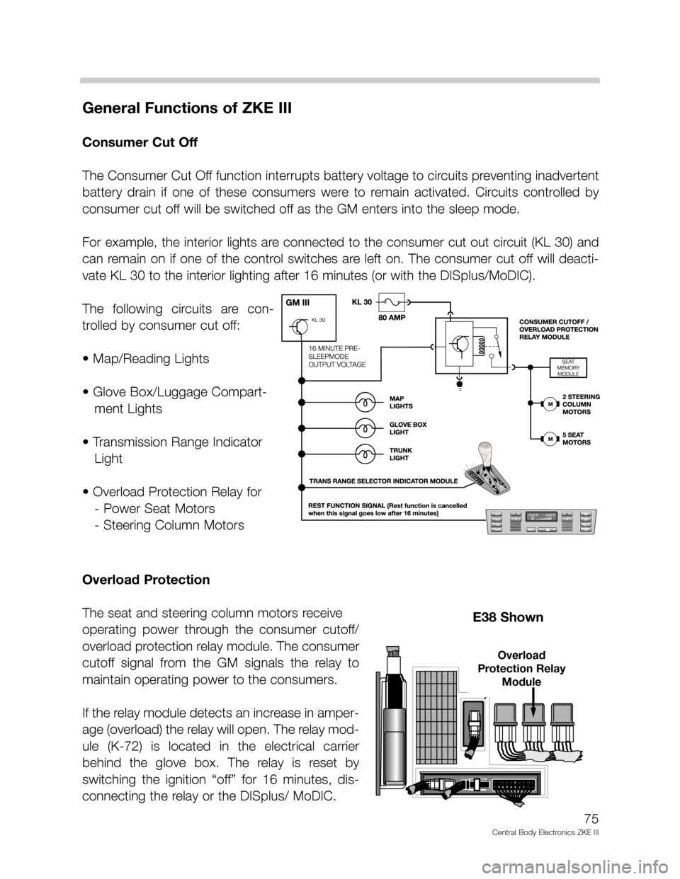 BMW 740IL 1994 E38 Central Body Electronics ZKE Manual General Functions of ZKE III
Consumer Cut Off
The Consumer Cut Off function interrupts battery voltage to circuits preventing inadvertent
battery  drain  if  one  of  these  consumers  were  to  remai