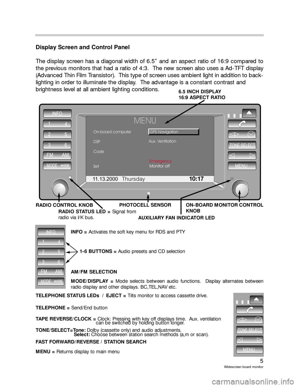 BMW 5 SERIES 2001 E39 Wide Screen On Board Monitor Workshop Manual 5
Widescreen board monitor
Display Screen and Control Panel
The display screen has a diagonal width of 6.5’’ and an aspect ratio of 16:9 compared to
the previous monitors that had a ratio of 4:3. 