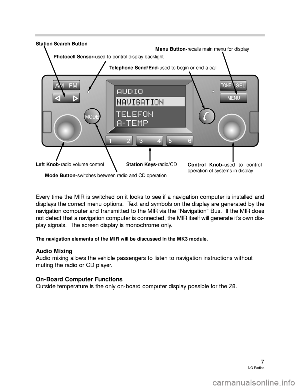 BMW 3 SERIES 2005 E46 New Generation Radios Manual 7
NG Radios
Station Search Button
Every time the MIR is switched on it looks to see if a navigation computer is installed and
displays the correct menu options.  Text and symbols on the display are ge