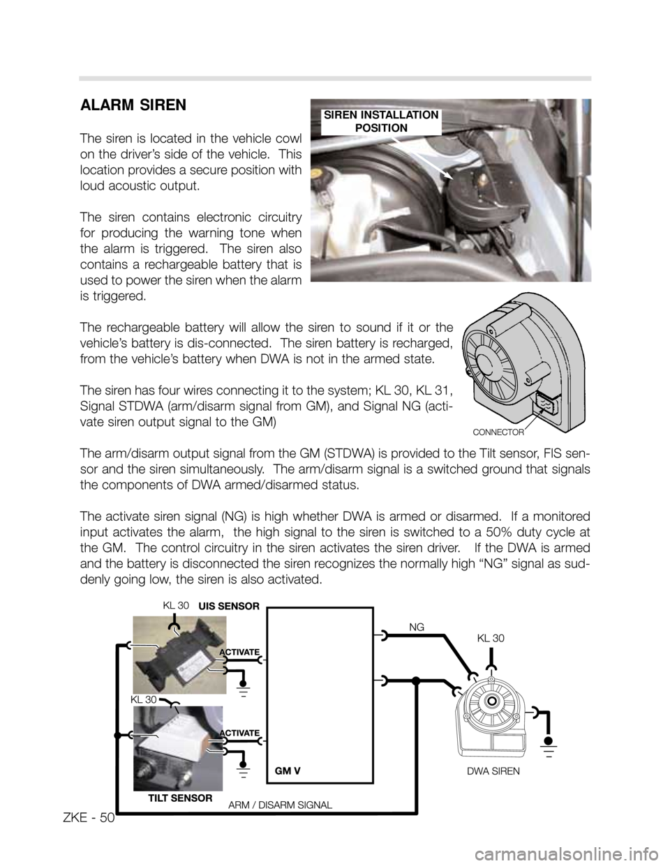 BMW X5 2005 E53 Central Body Electronics Workshop Manual ALARM SIREN
The siren is located in the vehicle cowl
on the driver’s side of the vehicle. This
location provides a secure position with
loud acoustic output.
The siren contains electroni BMW X5 2005 E53 Central Body Electronics Workshop Manual ALARM SIREN
The siren is located in the vehicle cowl
on the driver’s side of the vehicle. This
location provides a secure position with
loud acoustic output.
The siren contains electroni