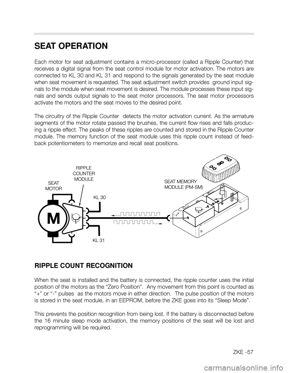 BMW X5 2002 E53 Central Body Electronics Workshop Manual SEAT OPERATION
Each motor for seat adjustment contains a micro-processor (called a Ripple Counter) that
receives a digital signal from the seat control module for motor activation. The motors are
conn BMW X5 2002 E53 Central Body Electronics Workshop Manual SEAT OPERATION
Each motor for seat adjustment contains a micro-processor (called a Ripple Counter) that
receives a digital signal from the seat control module for motor activation. The motors are
conn