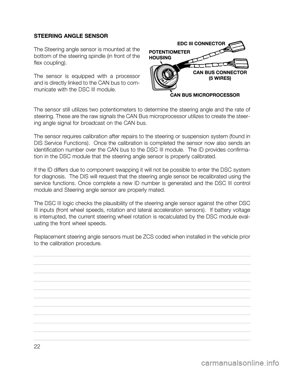 BMW X5 2001 E53 DSC System Owners Manual STEERING ANGLE SENSOR
The Steering angle sensor is mounted at the
bottom of the steering spindle (in front of the
flex coupling).
The sensor is equipped with a processor
and is directly linked BMW X5 2001 E53 DSC System Owners Manual STEERING ANGLE SENSOR
The Steering angle sensor is mounted at the
bottom of the steering spindle (in front of the
flex coupling).
The sensor is equipped with a processor
and is directly linked