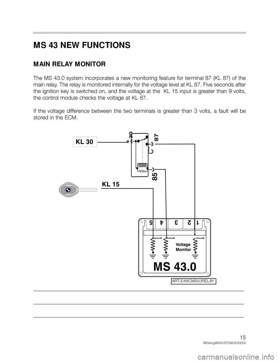 BMW X5 2002 E53 M54 Engine User Guide 15
M54engMS43/ST036/6/20000
MS 43 NEW FUNCTIONS
MAIN RELAY MONITOR
The MS 43.0 system incorporates a new monitoring feature for terminal 87 (KL 87) of the
main relay. The relay is monit BMW X5 2002 E53 M54 Engine User Guide 15
M54engMS43/ST036/6/20000
MS 43 NEW FUNCTIONS
MAIN RELAY MONITOR
The MS 43.0 system incorporates a new monitoring feature for terminal 87 (KL 87) of the
main relay. The relay is monit