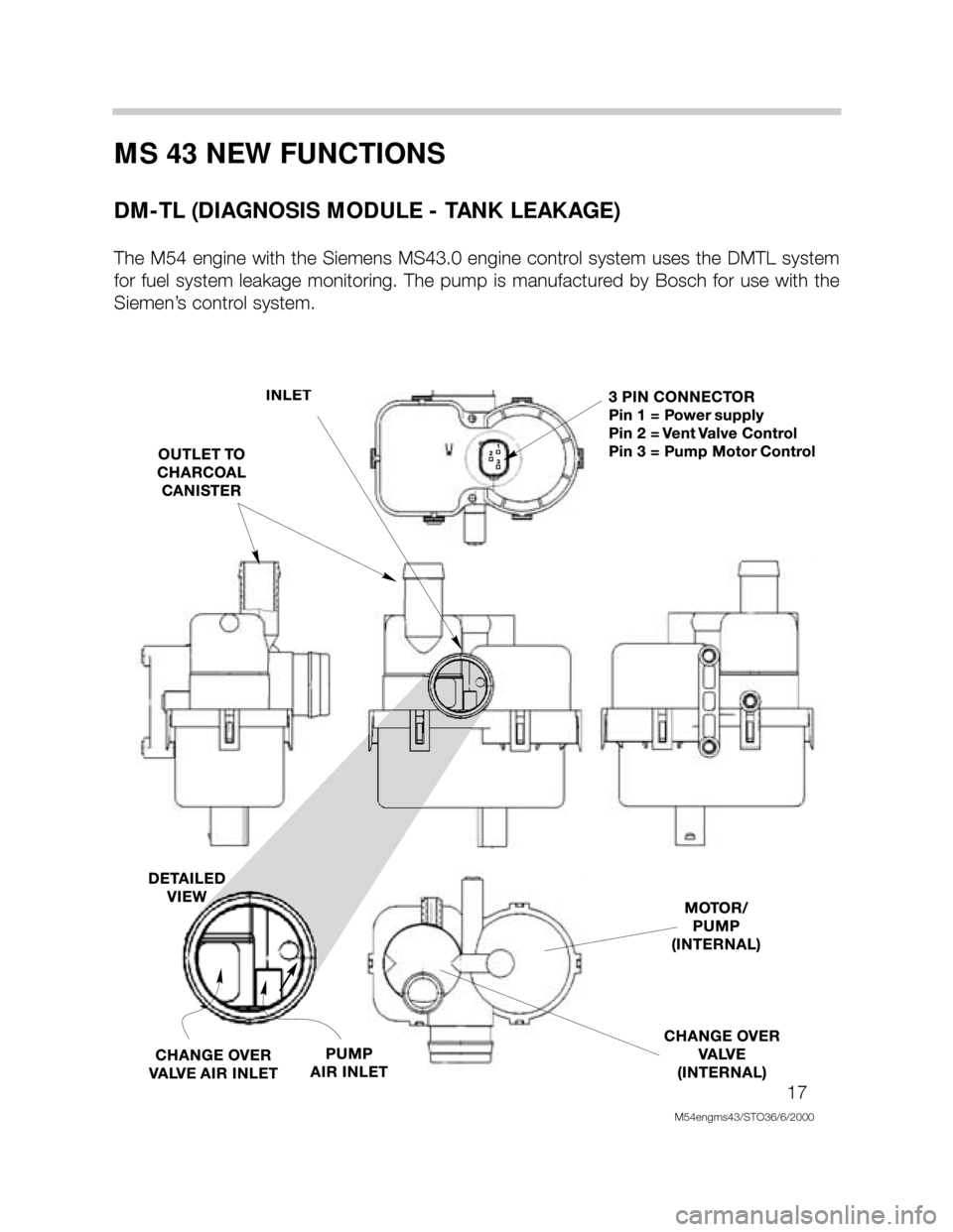 BMW X5 2002 E53 M54 Engine User Guide 17
M54engms43/STO36/6/2000
MS 43 NEW FUNCTIONS
DM-TL (DIAGNOSIS MODULE - TANK LEAKAGE)
The M54 engine with the Siemens MS43.0 engine control system uses the DMTL system
for fuel system BMW X5 2002 E53 M54 Engine User Guide 17
M54engms43/STO36/6/2000
MS 43 NEW FUNCTIONS
DM-TL (DIAGNOSIS MODULE - TANK LEAKAGE)
The M54 engine with the Siemens MS43.0 engine control system uses the DMTL system
for fuel system