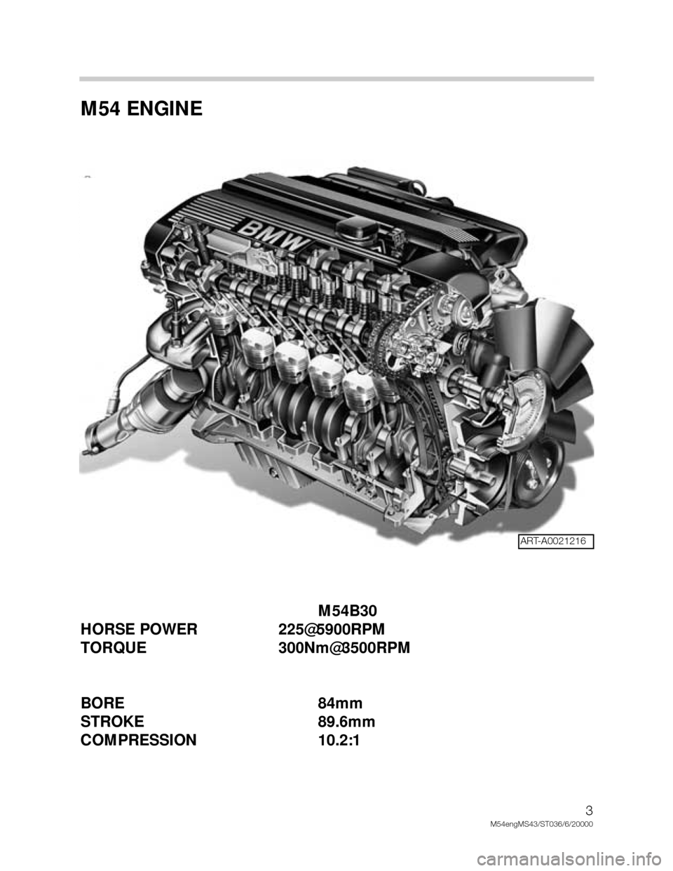 BMW X5 2002 E53 M54 Engine Workshop Manual M54 ENGINE
M54B30
HORSE POWER 225@5900RPM
TORQUE 300Nm@3500RPM
BORE 84mm
STROKE 89.6mm
COMPRESSION 10.2:1
3
M54engMS43/ST036/6/20000
ART-A0021216 BMW X5 2002 E53 M54 Engine Workshop Manual M54 ENGINE
M54B30
HORSE POWER 225@5900RPM
TORQUE 300Nm@3500RPM
BORE 84mm
STROKE 89.6mm
COMPRESSION 10.2:1
3
M54engMS43/ST036/6/20000
ART-A0021216