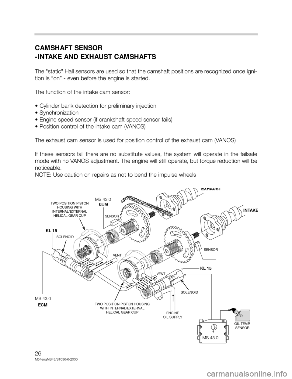 BMW X5 2002 E53 M54 Engine Workshop Manual 26
M54engMS43/ST036/6/2000
CAMSHAFT SENSOR
-INTAKE AND EXHAUST CAMSHAFTS
The "static" Hall sensors are used so that the camshaft positions are recognized once igni-
tion is “on” - even before the BMW X5 2002 E53 M54 Engine Workshop Manual 26
M54engMS43/ST036/6/2000
CAMSHAFT SENSOR
-INTAKE AND EXHAUST CAMSHAFTS
The "static" Hall sensors are used so that the camshaft positions are recognized once igni-
tion is “on” - even before the