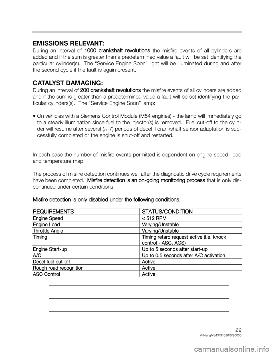 BMW X5 2000 E53 M54 Engine Owners Manual 29
M54engMS43/ST036/6/20000
EMISSIONS RELEVANT:
During  an  interval  of 1000 crankshaft revolutions
the  misfire  events  of  all  cylinders  are
added and if the sum is greater than a predetermined 