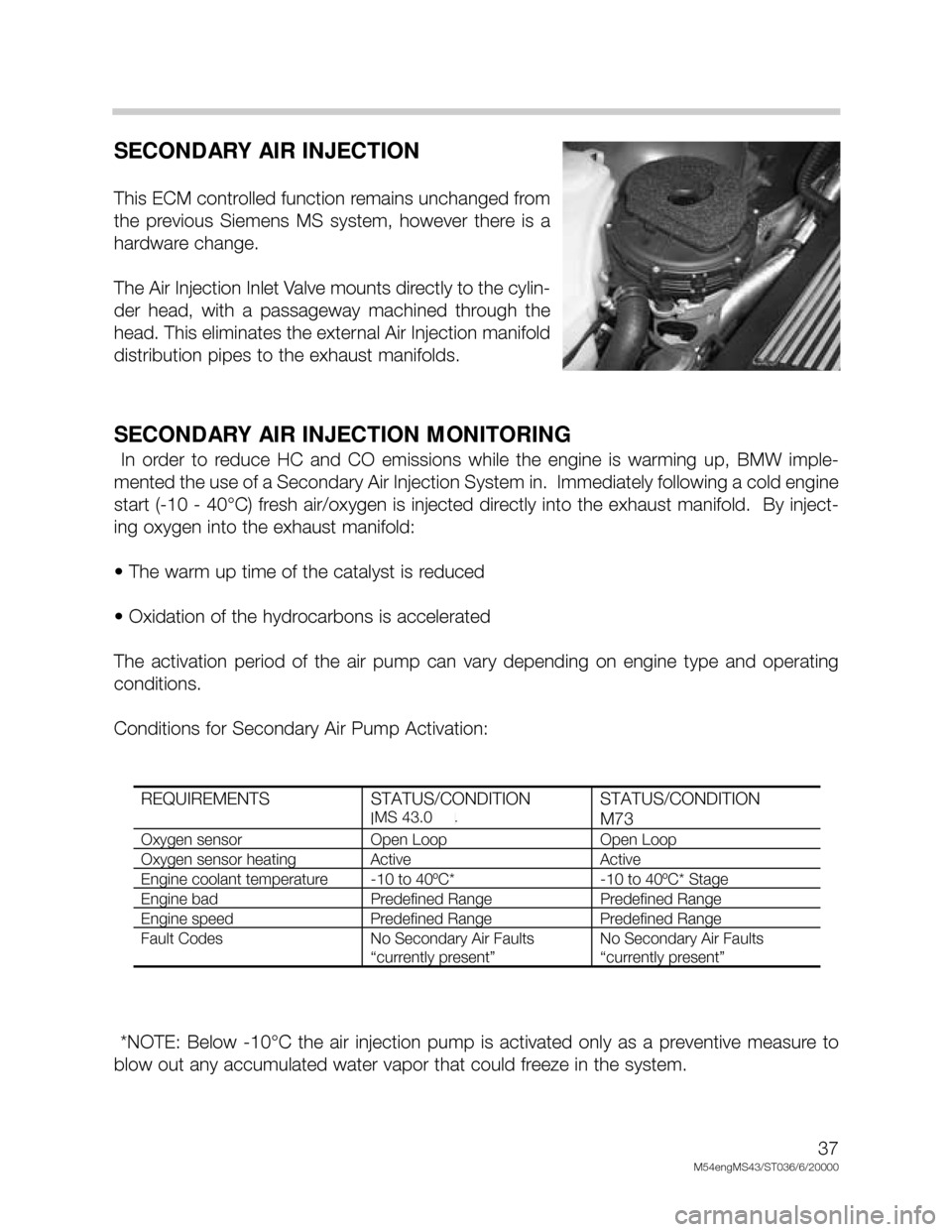 BMW X5 2005 E53 M54 Engine Workshop Manual 37
M54engMS43/ST036/6/20000
SECONDARY AIR INJECTION
This ECM controlled function remains unchanged from
the  previous  Siemens  MS  system,  however  there  is  a
hardware change.
The Air Injection In