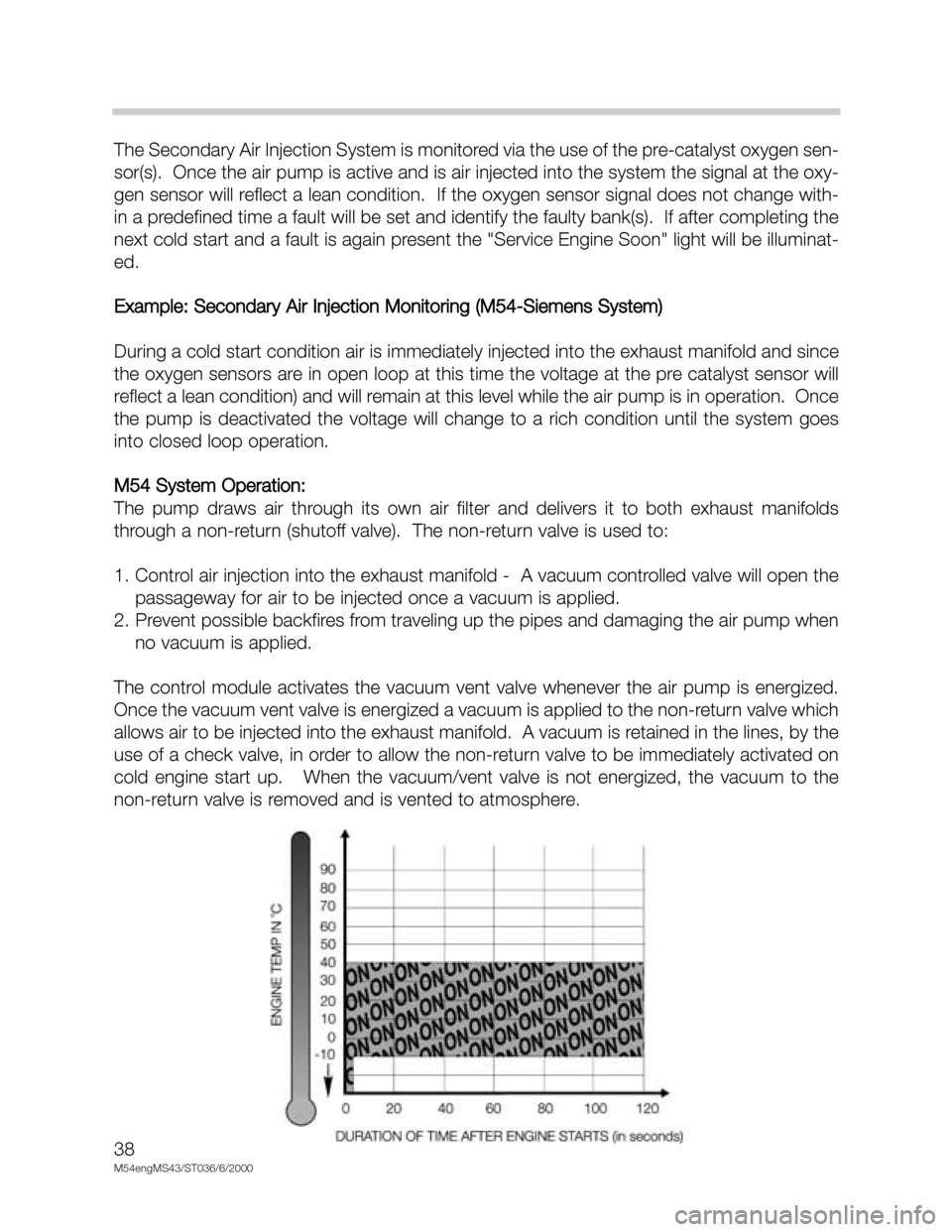 BMW X5 2000 E53 M54 Engine Owners Manual 38
M54engMS43/ST036/6/2000
The Secondary Air Injection System is monitored via the use of the pre-catalyst oxygen sen-
sor(s).  Once the air pump is active and is air injected into the system the sign