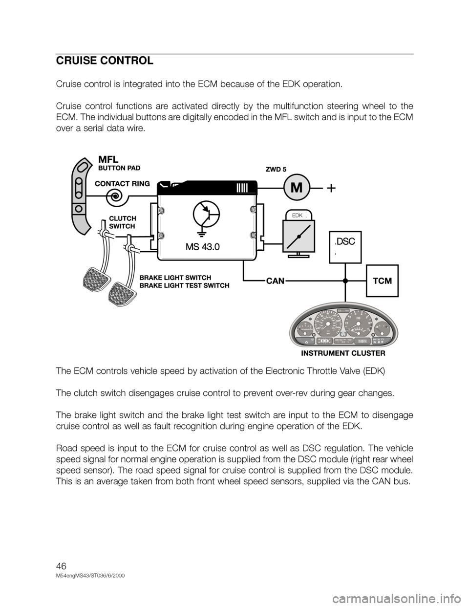 BMW X5 2001 E53 M54 Engine Service Manual 46
M54engMS43/ST036/6/2000
CRUISE CONTROL
Cruise control is integrated into the ECM because of the EDK operation.
Cruise  control  functions  are  activated  directly  by  the  multifunction  steering