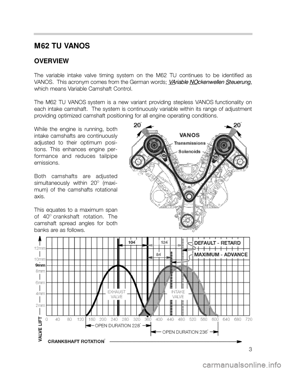 BMW X5 1999 E53 M62TU Engine Workshop Manual 3
M62 TU VANOS
OVERVIEW
The  variable  intake  valve  timing  system  on  the  M62  TU  continues  to  be  identified  as
VANOS.  This acronym comes from the German words; V
Ariable NOckenwellen Steue