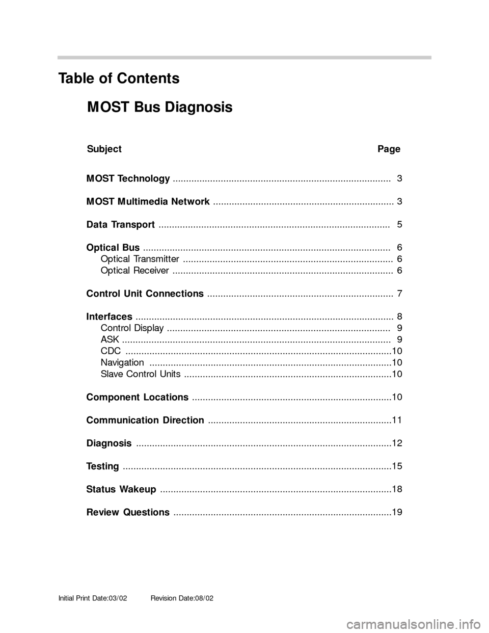 BMW 7 SERIES 2005 E65 MOST Bus Diagnosis Workshop Manual Initial Print Date:03/02Revision Date:08/02
Subject Page
MOST Technology ..................................................................................  3
MOST Multimedia Network .................