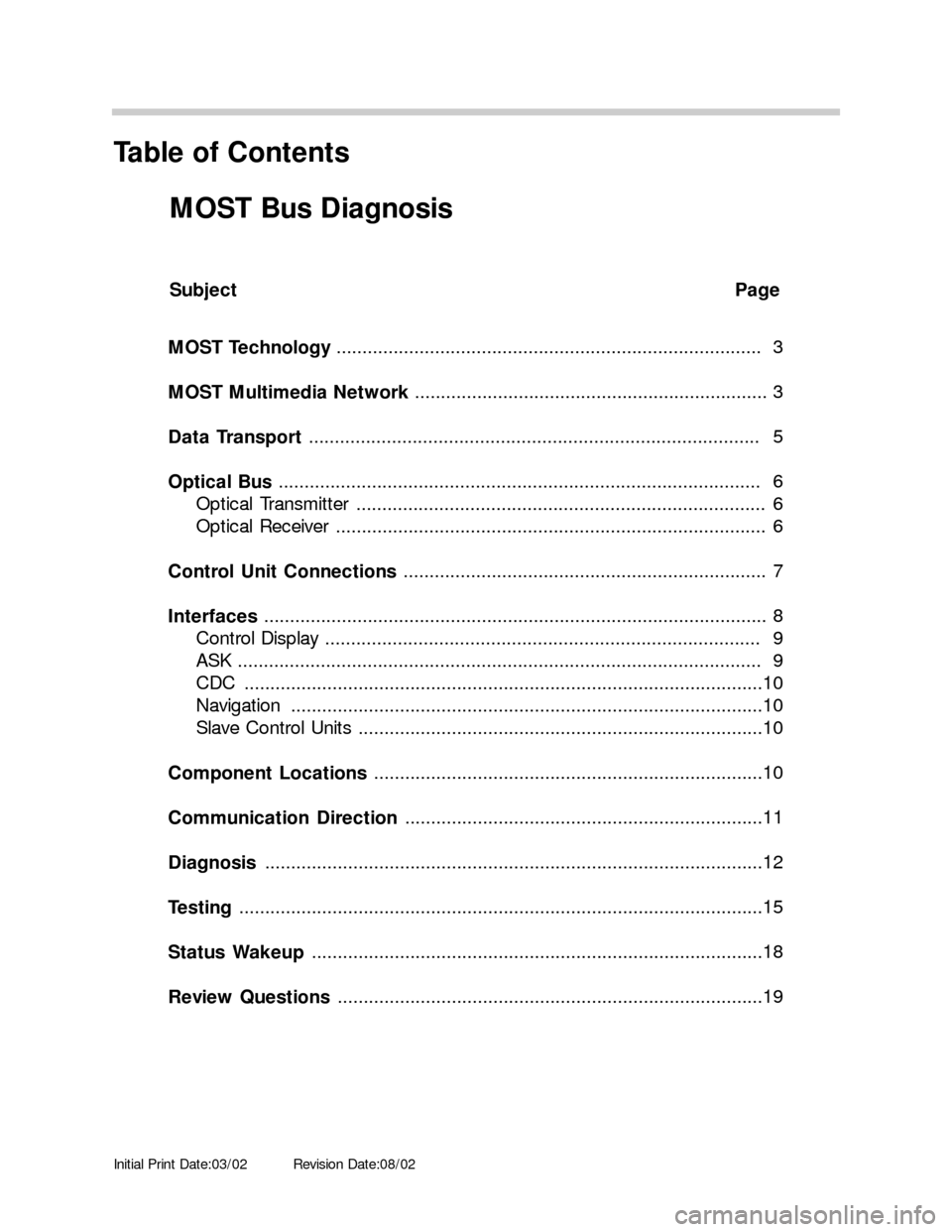 BMW 7 SERIES 2005 E65 MOST Bus Diagnosis Workshop Manual Initial Print Date:03/02Revision Date:08/02
Subject Page
MOST Technology ..................................................................................  3
MOST Multimedia Network .................