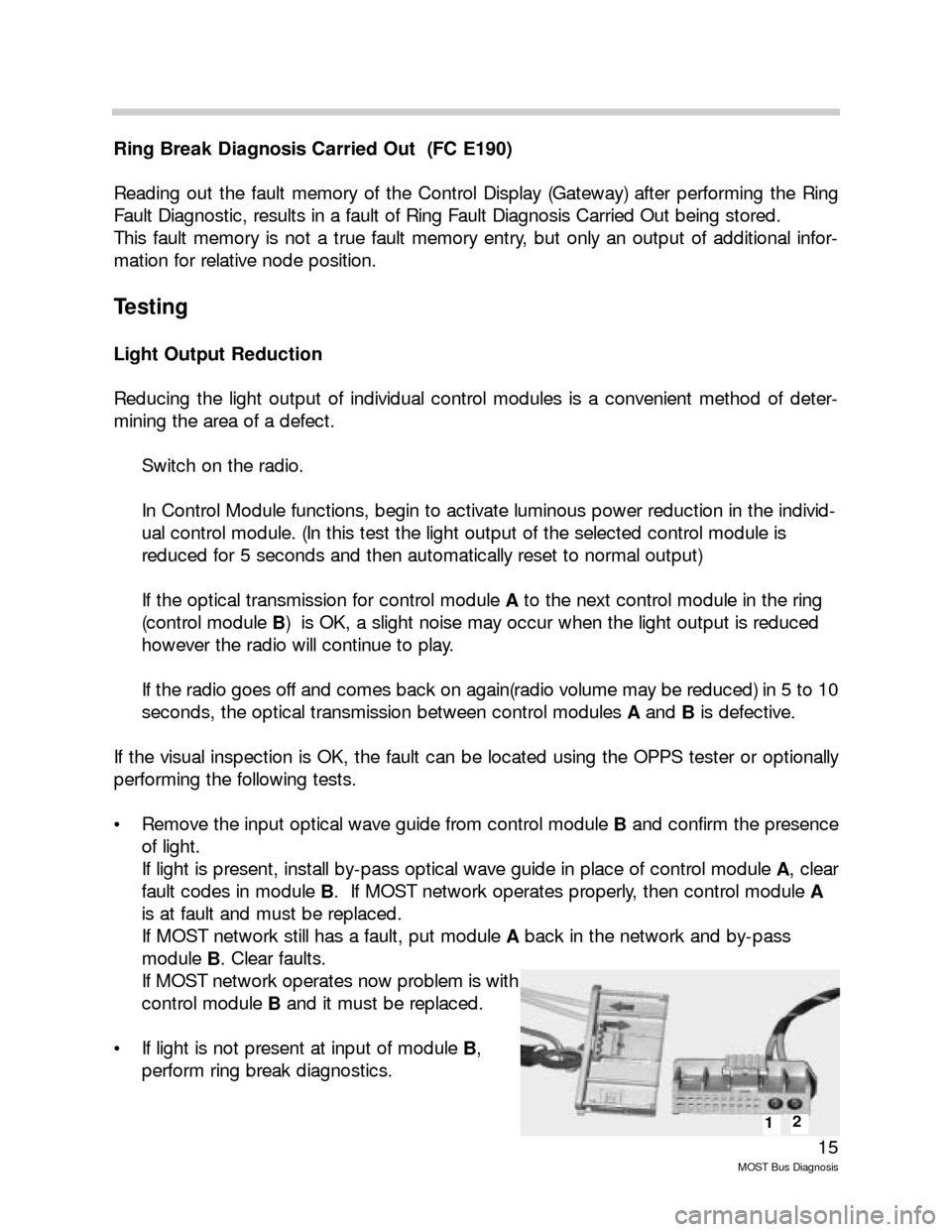 BMW 7 SERIES LONG 2007 E66 MOST Bus Diagnosis Workshop Manual 15
MOST Bus Diagnosis
Ring Break Diagnosis Carried Out  (FC E190)
Reading out the fault memory of the Control Display (Gateway) after performing the Ring
Fault Diagnostic, results in a fault of Ring F