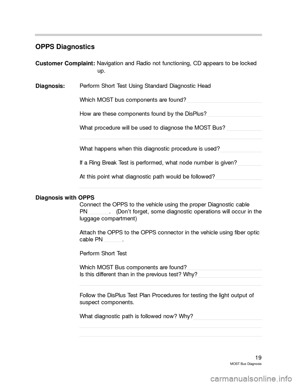 BMW 7 SERIES LONG 2004 E66 MOST Bus Diagnosis Workshop Manual 19
MOST Bus Diagnosis
OPPS Diagnostics
Customer Complaint:Navigation and Radio not functioning, CD appears to be locked 
up.
Diagnosis:Perform Short Test Using Standard Diagnostic Head
Which MOST bus 