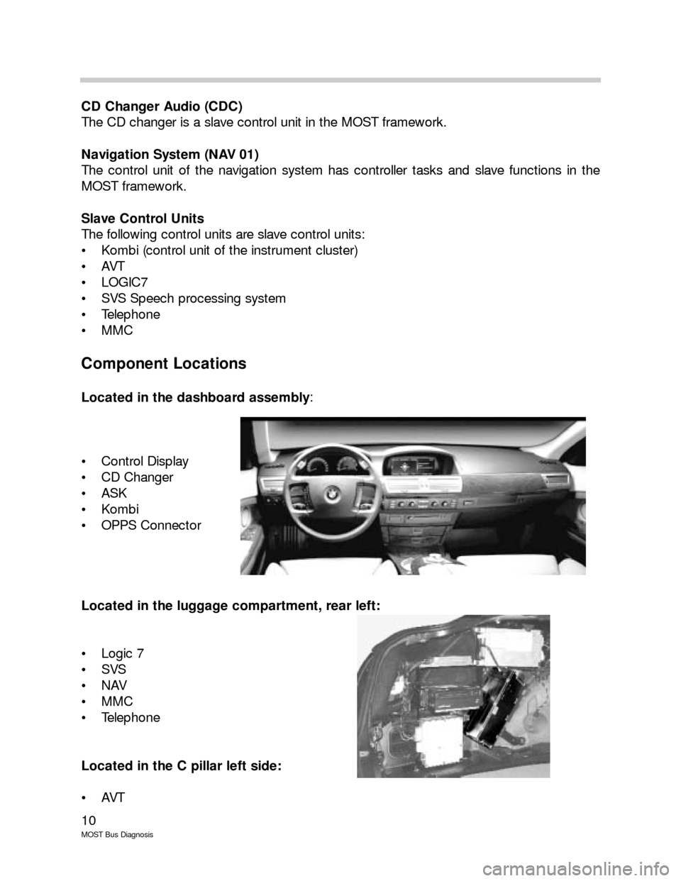 BMW 7 SERIES 2005 E65 MOST Bus Diagnosis Workshop Manual 10
MOST Bus Diagnosis
CD Changer Audio (CDC)
The CD changer is a slave control unit in the MOST framework.
Navigation System (NAV 01)
The control unit of the navigation system has controller tasks and