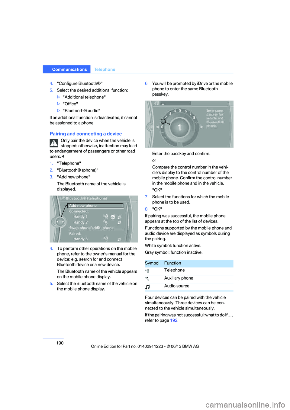 BMW 128I 2013 Owners Manual 190
CommunicationsTe l e p h o n e
4."Configure Bluetooth®"
5. Select the desired additional function:
>"Additional telephone"
> "Office"
> "Bluetooth® audio"
If an additional function is deactivat BMW 128I 2013 Owners Manual 190
CommunicationsTe l e p h o n e
4."Configure Bluetooth®"
5. Select the desired additional function:
>"Additional telephone"
> "Office"
> "Bluetooth® audio"
If an additional function is deactivat