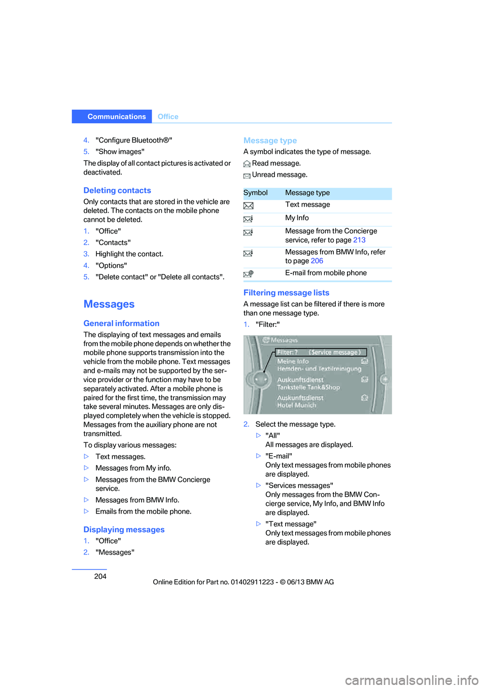 BMW 128I 2013 Owners Manual 204
CommunicationsOffice
4."Configure Bluetooth®"
5. "Show images"
The display of all contact pictures is activated or
deactivated.
Deleting contacts
Only contacts that are stored in the vehicle ar BMW 128I 2013 Owners Manual 204
CommunicationsOffice
4."Configure Bluetooth®"
5. "Show images"
The display of all contact pictures is activated or
deactivated.
Deleting contacts
Only contacts that are stored in the vehicle ar