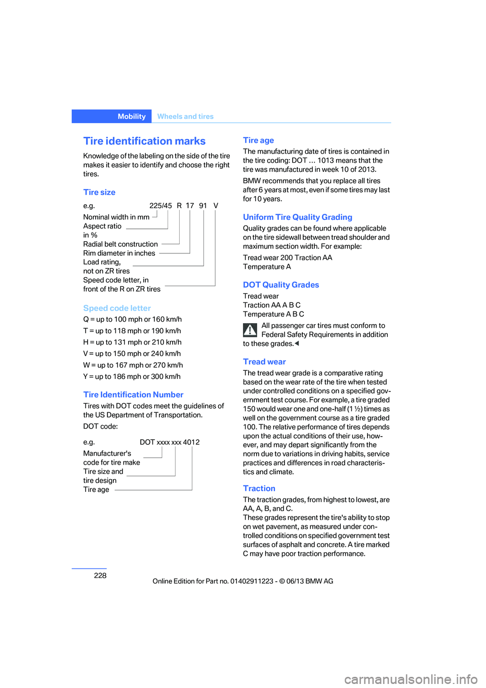 BMW 128I 2013  Owners Manual 228
MobilityWheels and tires
Tire identification marks
Knowledge of the labeling on the side of the tire 
makes it easier to identify and choose the right 
tires.
Tire size
Speed code letter
Q = up to