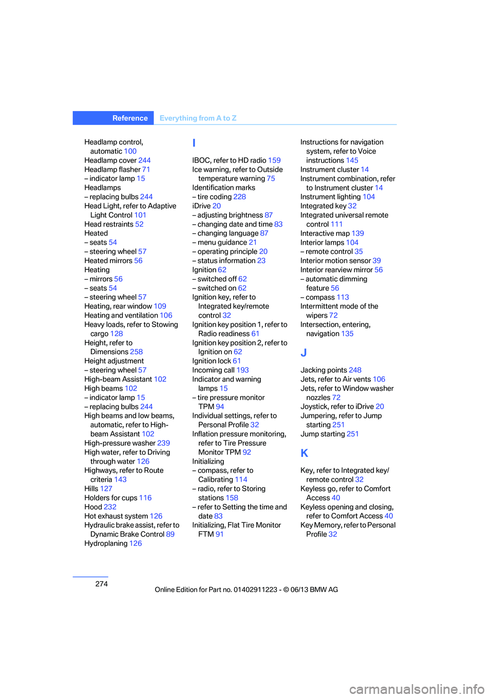 BMW 128I 2013 Owners Manual 274
ReferenceEverything from A to Z
Headlamp control,
automatic 100
Headlamp cover 244
Headlamp flasher 71
– indicator lamp 15
Headlamps
– replacing bulbs 244
Head Light, refer to Adaptive
Light BMW 128I 2013 Owners Manual 274
ReferenceEverything from A to Z
Headlamp control,
automatic 100
Headlamp cover 244
Headlamp flasher 71
– indicator lamp 15
Headlamps
– replacing bulbs 244
Head Light, refer to Adaptive
Light