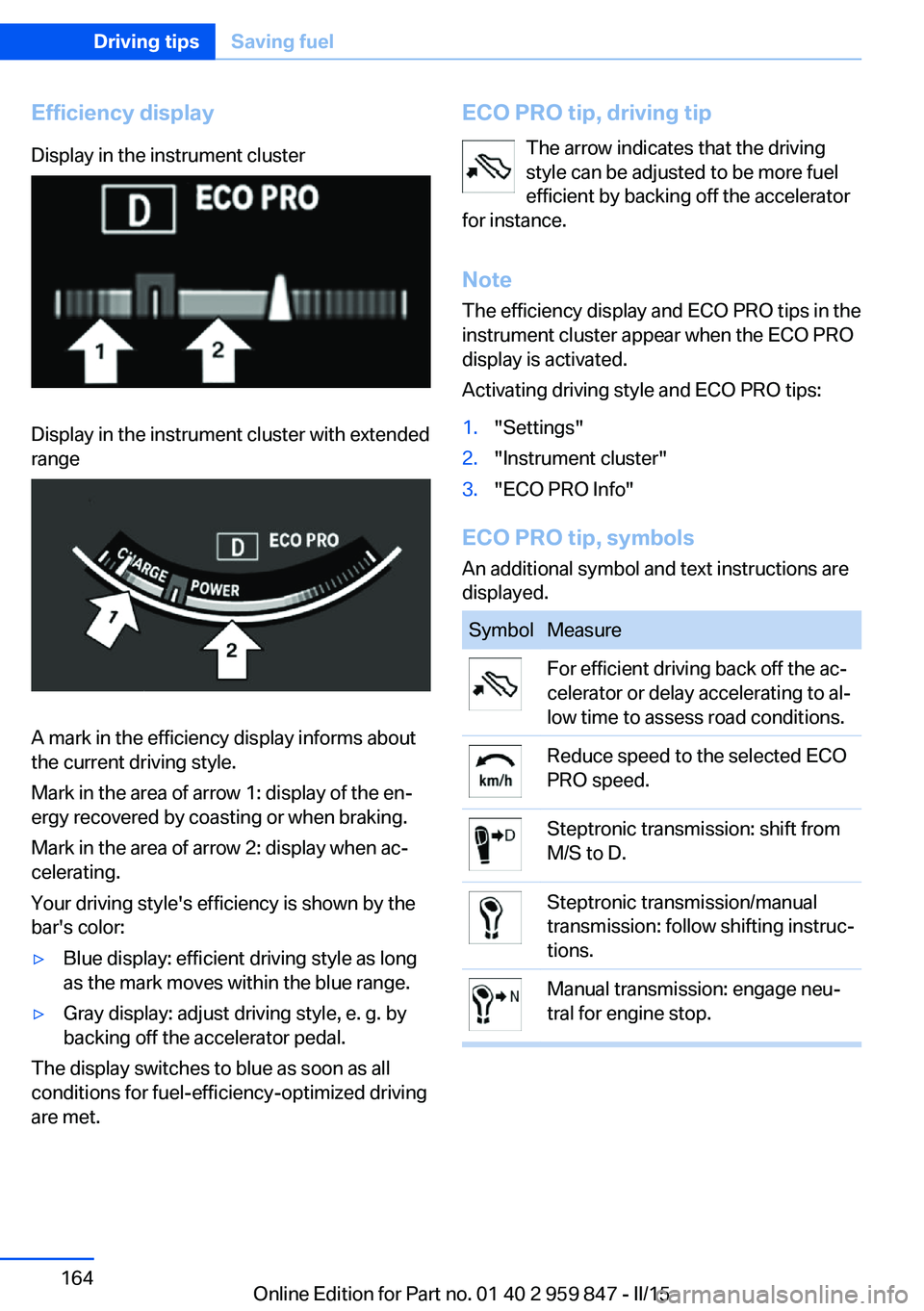 BMW 228I 2016 Owners Manual Efficiency displayDisplay in the instrument clusterDisplay in the instrument cluster with extended
range
A mark in the efficiency display informs about
the current driving style.
Mark in the area of a BMW 228I 2016 Owners Manual Efficiency displayDisplay in the instrument clusterDisplay in the instrument cluster with extended
range
A mark in the efficiency display informs about
the current driving style.
Mark in the area of a
