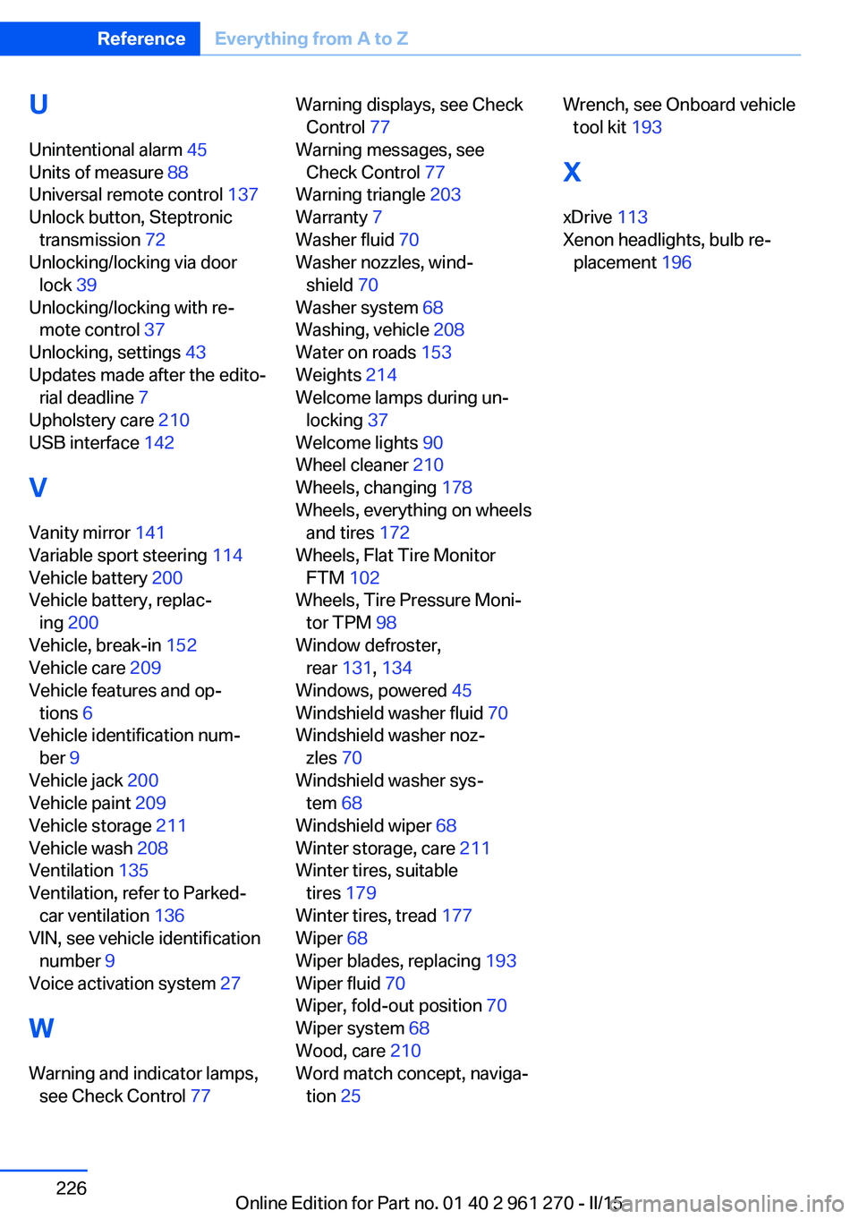 BMW 228I 2015  Owners Manual U
Unintentional alarm  45 
Units of measure  88 
Universal remote control  137 
Unlock button, Steptronic transmission  72 
Unlocking/locking via door lock  39 
Unlocking/locking with re‐ mote contr