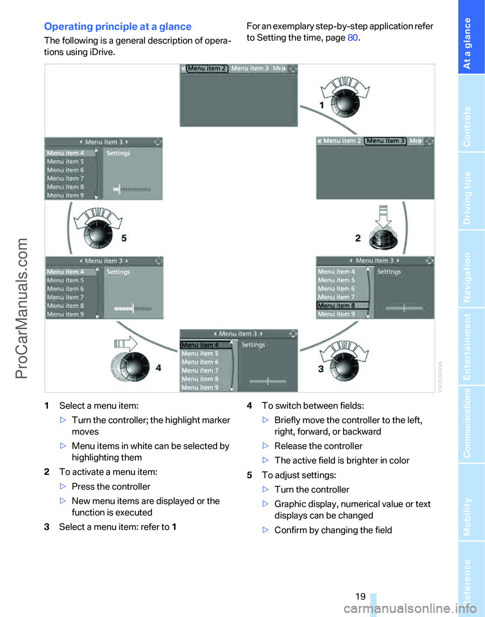 BMW 3 SEDAN 2007 Owners Manual At a glance
 19Reference
Controls
Driving tips
Communications
Navigation
Entertainment
Mobility
Operating principle at a glance
The following is a general description of opera-
tions using iDrive.For 