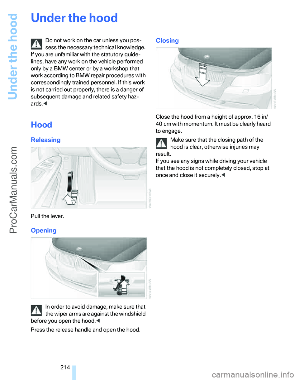 BMW 3 SEDAN 2007  Owners Manual Under the hood
214
Under the hood
Do not work on the car unless you pos-
sess the necessary technical knowledge. 
If you are unfamiliar with the statutory guide-
lines, have any work on the vehicle pe