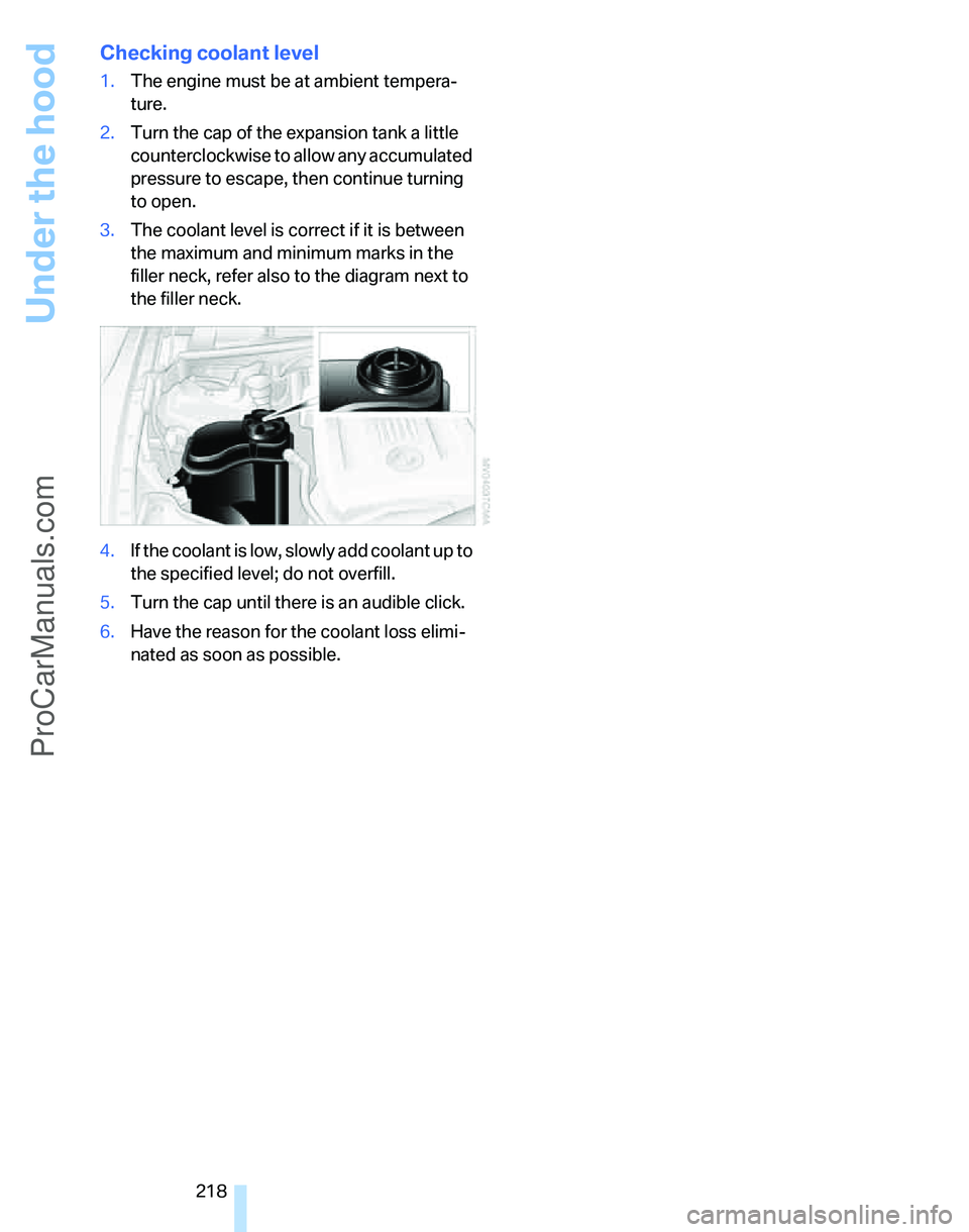 BMW 3 SEDAN 2007  Owners Manual Under the hood
218
Checking coolant level
1.The engine must be at ambient tempera-
ture.
2.Turn the cap of the expansion tank a little 
counterclockwise to allow any accumulated 
pressure to escape, t