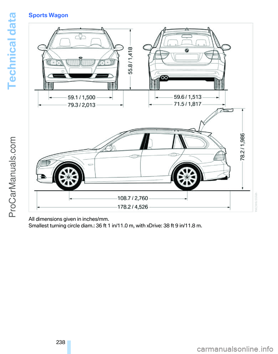 BMW 3 SEDAN 2007 Owners Manual Technical data
238
Sports Wagon
All dimensions given in inches/mm.
Smallest turning circle diam.: 36 ft 1 in/11.0 m, with xDrive: 38 ft 9 in/11.8 m.
ProCarManuals.com BMW 3 SEDAN 2007 Owners Manual Technical data
238
Sports Wagon
All dimensions given in inches/mm.
Smallest turning circle diam.: 36 ft 1 in/11.0 m, with xDrive: 38 ft 9 in/11.8 m.
ProCarManuals.com