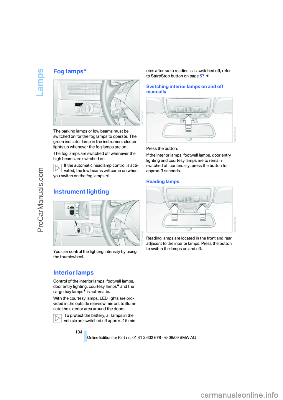 BMW 5 SERIES 2010  Owners Manual Lamps
104
Fog lamps*
The parking lamps or low beams must be 
switched on for the fog lamps to operate. The 
green indicator lamp in the instrument cluster 
lights up whenever the fog lamps are on.
The