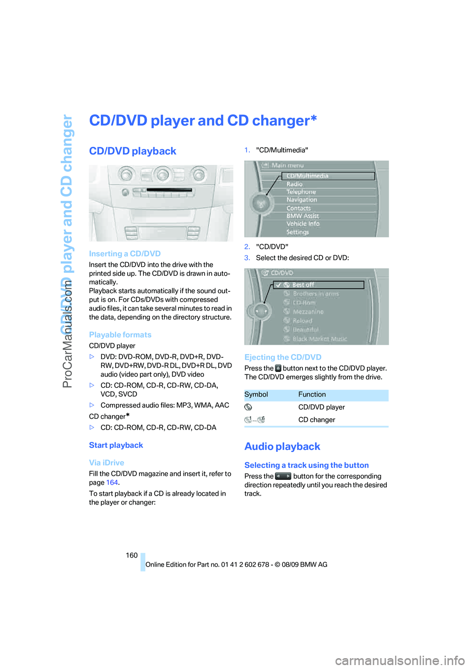 BMW 5 SERIES 2010 Owners Manual CD/DVD player and CD changer
160
CD/DVD player and CD changer
CD/DVD playback
Inserting a CD/DVD
Insert the CD/DVD into the drive with the
printed side up. The CD/DVD is drawn in auto-
matically.
Pla BMW 5 SERIES 2010 Owners Manual CD/DVD player and CD changer
160
CD/DVD player and CD changer
CD/DVD playback
Inserting a CD/DVD
Insert the CD/DVD into the drive with the
printed side up. The CD/DVD is drawn in auto-
matically.
Pla