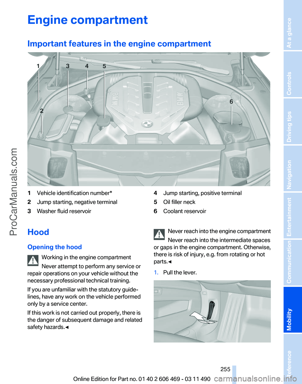 BMW 5 SERIES 2011 Owners Manual Engine compartment
Important features in the engine compartment
1
Vehicle identification number*
2 Jump starting, negative terminal
3 Washer fluid reservoir 4
Jump starting, positive terminal
5 Oil fi BMW 5 SERIES 2011 Owners Manual Engine compartment
Important features in the engine compartment
1
Vehicle identification number*
2 Jump starting, negative terminal
3 Washer fluid reservoir 4
Jump starting, positive terminal
5 Oil fi