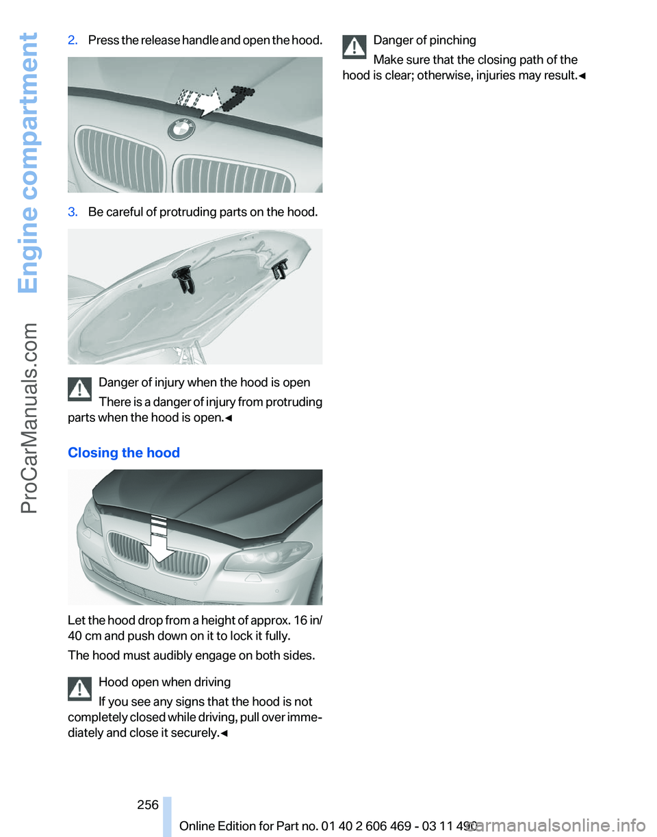 BMW 5 SERIES 2011 Owners Manual 2.
Press the release handle and open the hood. 3.
Be careful of protruding parts on the hood. Danger of injury when the hood is open
There
is a danger of injury from protruding
parts when the hood is BMW 5 SERIES 2011 Owners Manual 2.
Press the release handle and open the hood. 3.
Be careful of protruding parts on the hood. Danger of injury when the hood is open
There
is a danger of injury from protruding
parts when the hood is