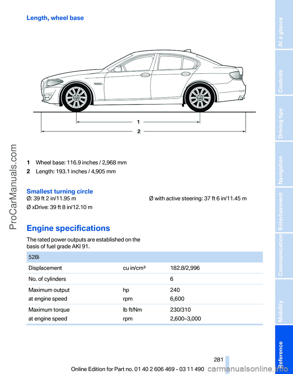 BMW 5 SERIES 2011 Owners Manual Length, wheel base
1
Wheel base: 116.9 inches / 2,968 mm
2 Length: 193.1 inches / 4,905 mm
Smallest turning circle
Ø: 39 ft 2 in/11.95 m
Ø xDrive: 39 ft 8 in/12.10 m Ø with active steering: 37 ft 6 BMW 5 SERIES 2011 Owners Manual Length, wheel base
1
Wheel base: 116.9 inches / 2,968 mm
2 Length: 193.1 inches / 4,905 mm
Smallest turning circle
Ø: 39 ft 2 in/11.95 m
Ø xDrive: 39 ft 8 in/12.10 m Ø with active steering: 37 ft 6