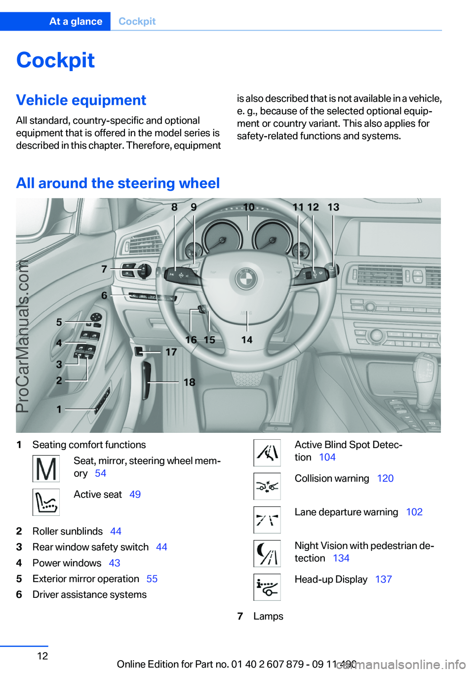 BMW 5 SERIES 2012  Owners Manual CockpitVehicle equipment
All standard, country-specific and optional
equipment that is offered in the model series is
described in this chapter. Therefore, equipmentis also described that is not avail