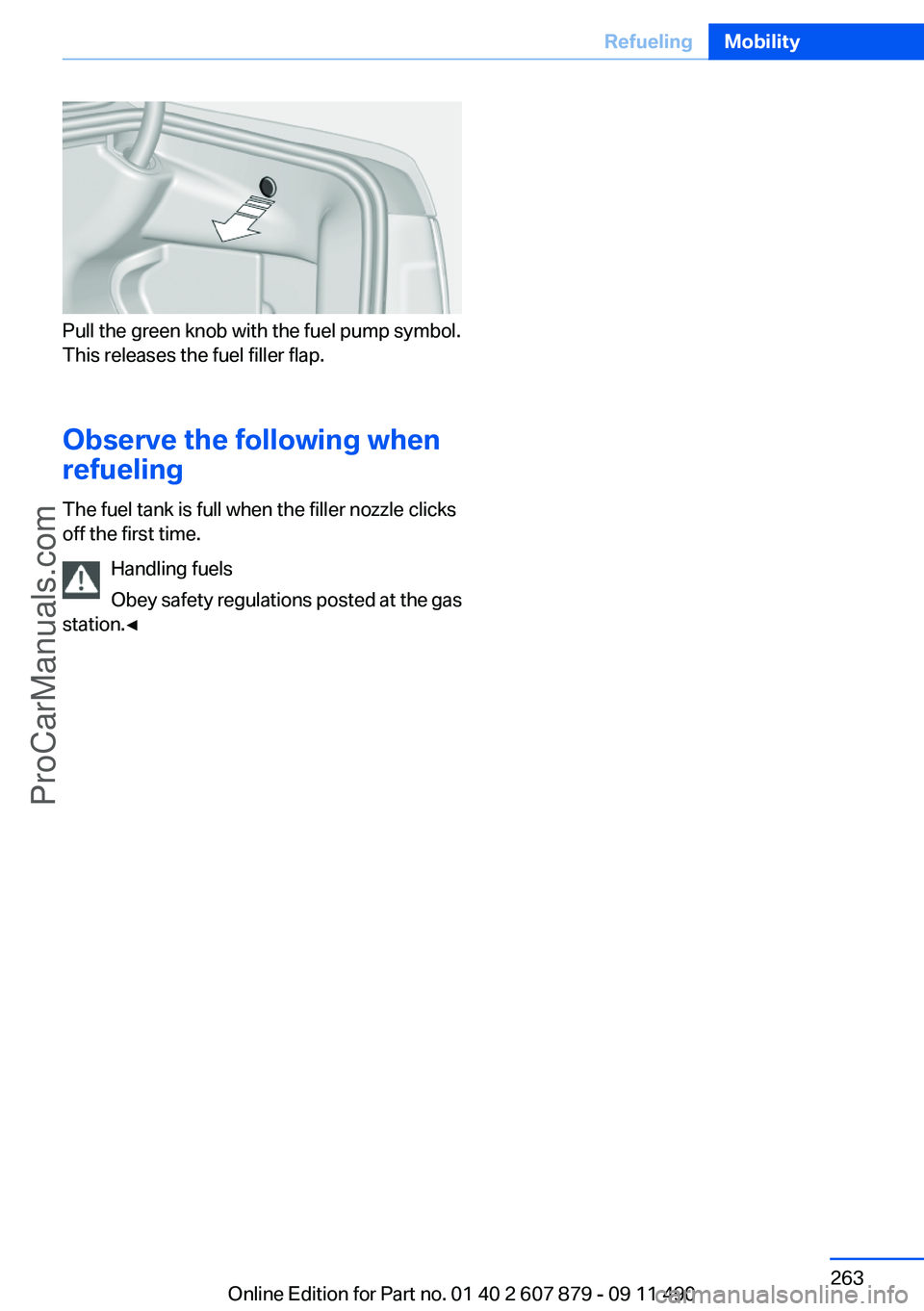 BMW 5 SERIES 2012 Owners Manual Pull the green knob with the fuel pump symbol.
This releases the fuel filler flap.
Observe the following when
refueling
The fuel tank is full when the filler nozzle clicks
off the first time.
Handling BMW 5 SERIES 2012 Owners Manual Pull the green knob with the fuel pump symbol.
This releases the fuel filler flap.
Observe the following when
refueling
The fuel tank is full when the filler nozzle clicks
off the first time.
Handling