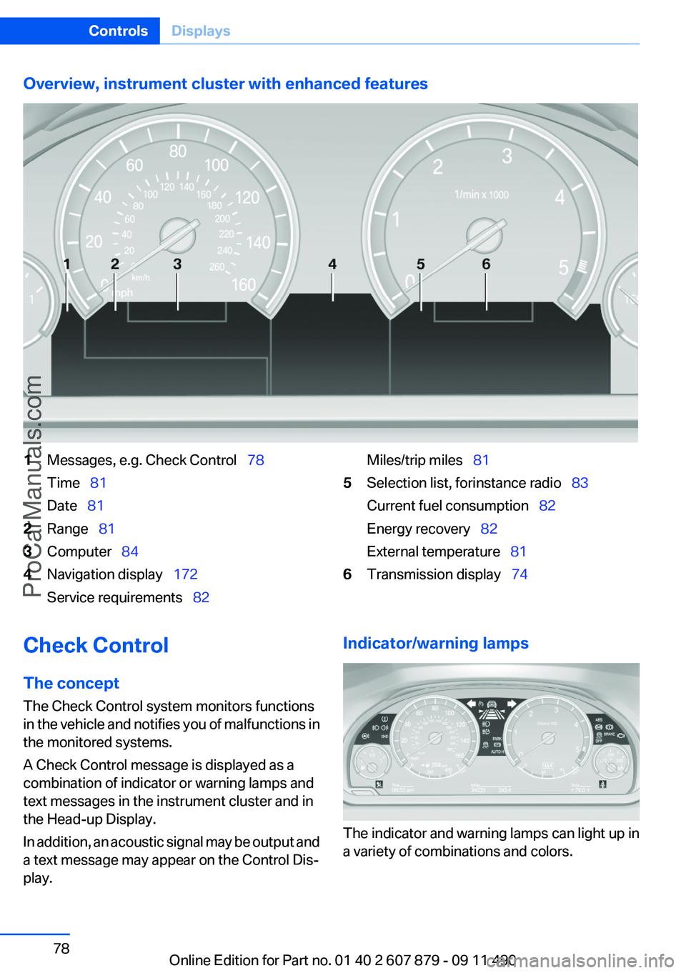 BMW 5 SERIES 2012 Manual PDF Overview, instrument cluster with enhanced features1Messages, e.g. Check Control  78
Time   81
Date   812Range   813Computer   844Navigation display   172
Service requirements
